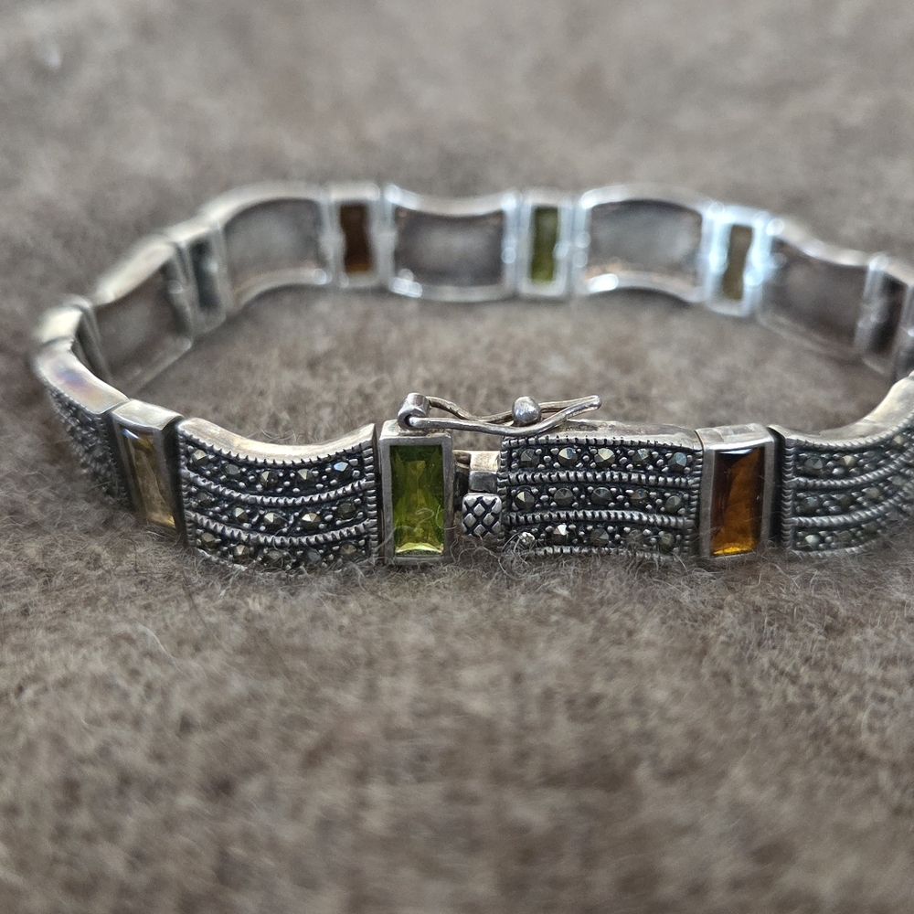 Vintage 925 Sterling Silver Marcasite Multi Gem Bracelet Citrine Amethyst Perido
